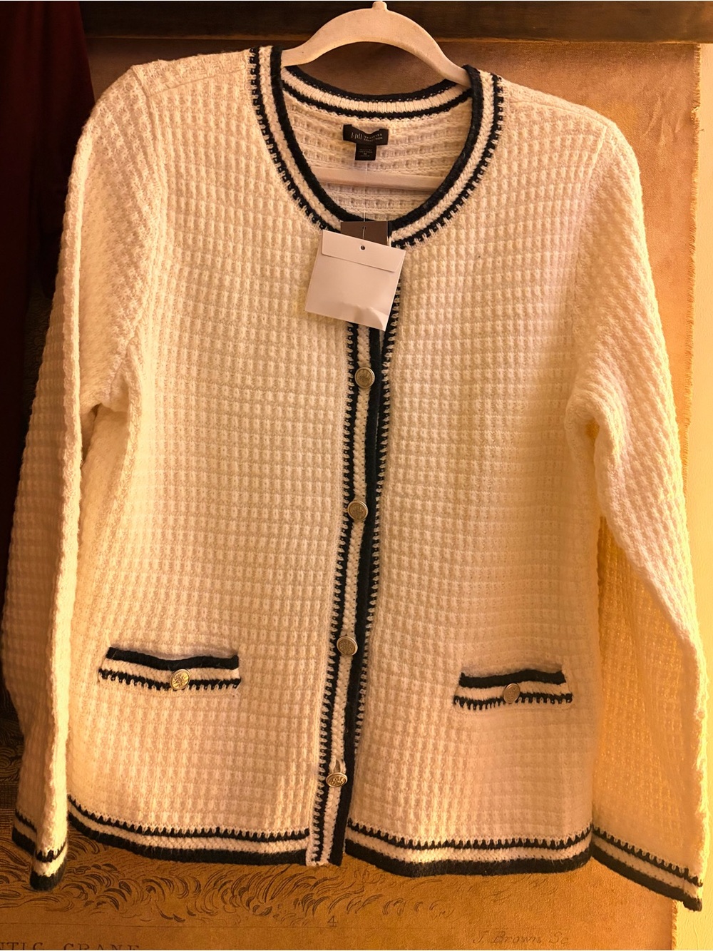 * New J Jill Wearever Cream & Navy Knit Cardigan Emblem Buttons SZ Medium Petit